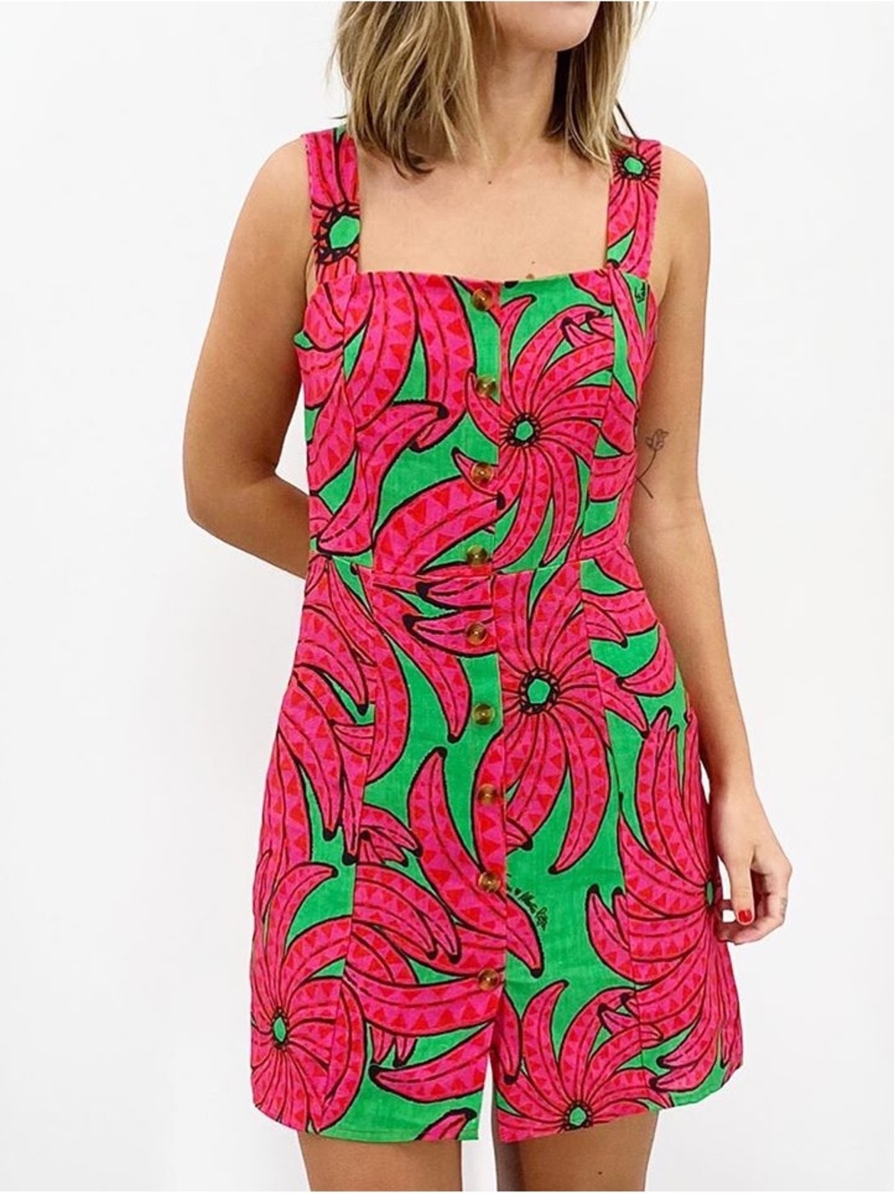 Farm Rio Linen Green & Pink Floral Print Square-Neck Dress - Picture 2 of 6